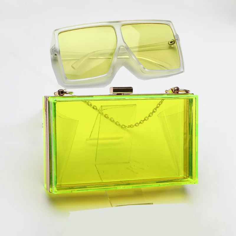 

Drop shipping 2021 ladies transparent Boxed square Crossbody Handbag women acrylic clear purses and sunglasses set, Rich