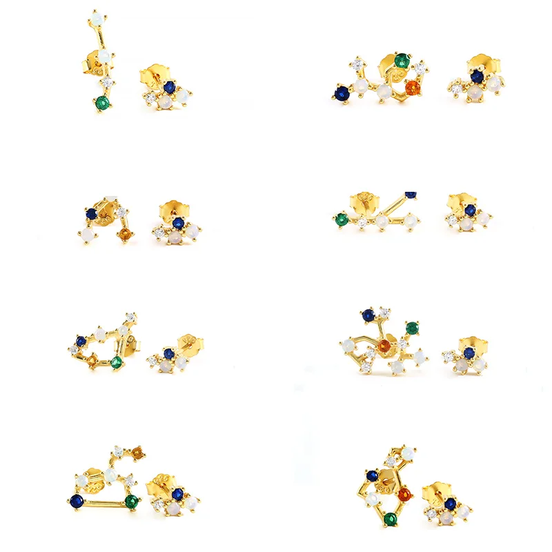 

Chic temperament personality 925 sterling silver colorful zircon paved 12 zodiac stud earrings