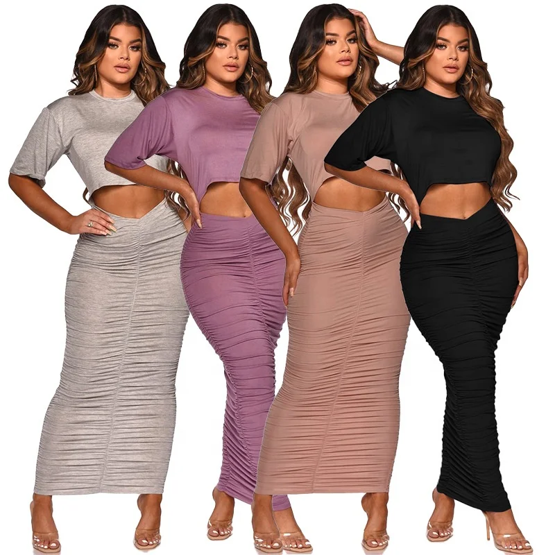 

KX-K9926 New design pleated skirt 2 piece set ladies outfits two piece set maxi long elegant women skirt and top set