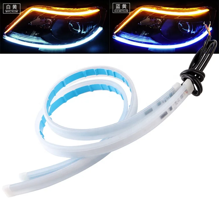 Slim Flexible 2835 Led DRL Strip 30cm 45cm 60cm For Car Headlight Daytime Running Light 2 Colors Sequential Yellow Turn Signal