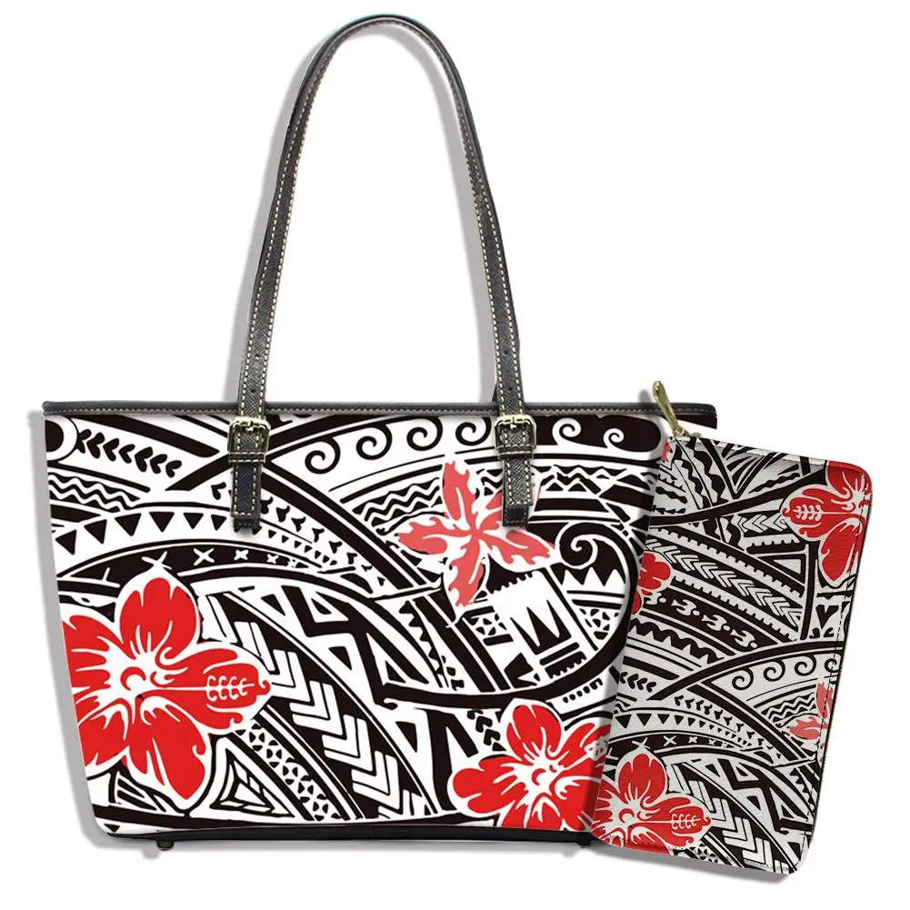 

Traditional Polynesian Samoan Tattoos Tribal Red Frangipani Mix Printed Leather Purses And Wallet Set Wholesale Polynesian Bags, Customizable