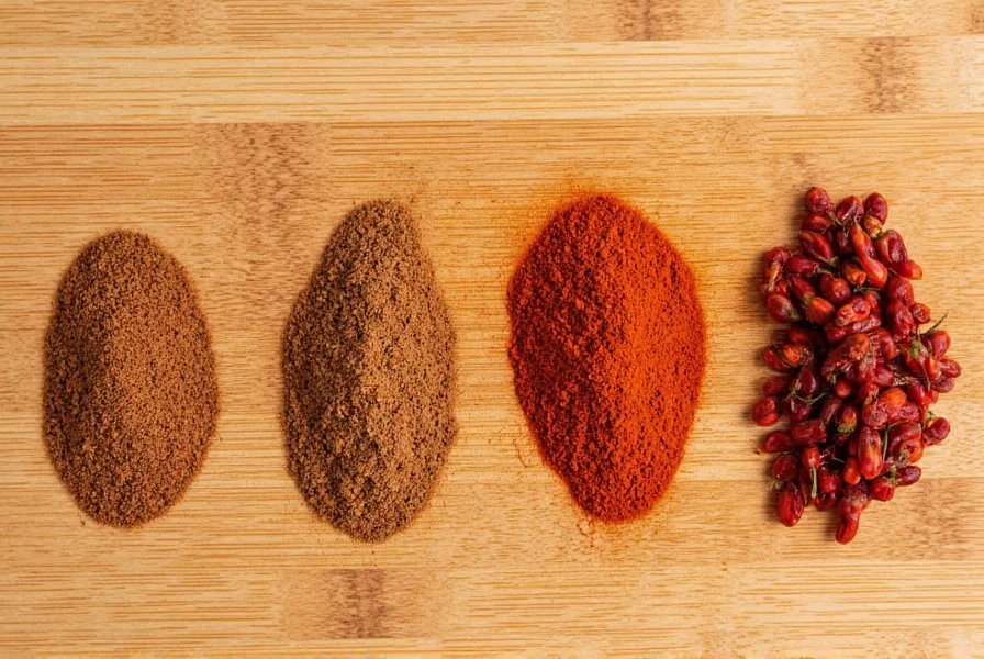 Close-up comparison of chipotle peppers next to common substitutes like smoked paprika, ancho peppers, and guajillo peppers arranged on wooden cutting board