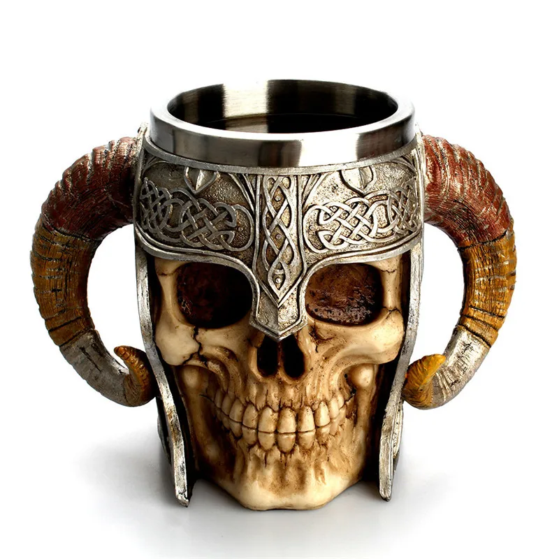 

Stainless Steel Double Handle Horn Skull Beer Cup Viking Warrior Skull Mug Tankard Medieval Skull Drinkware Mug for Coffee/Beer