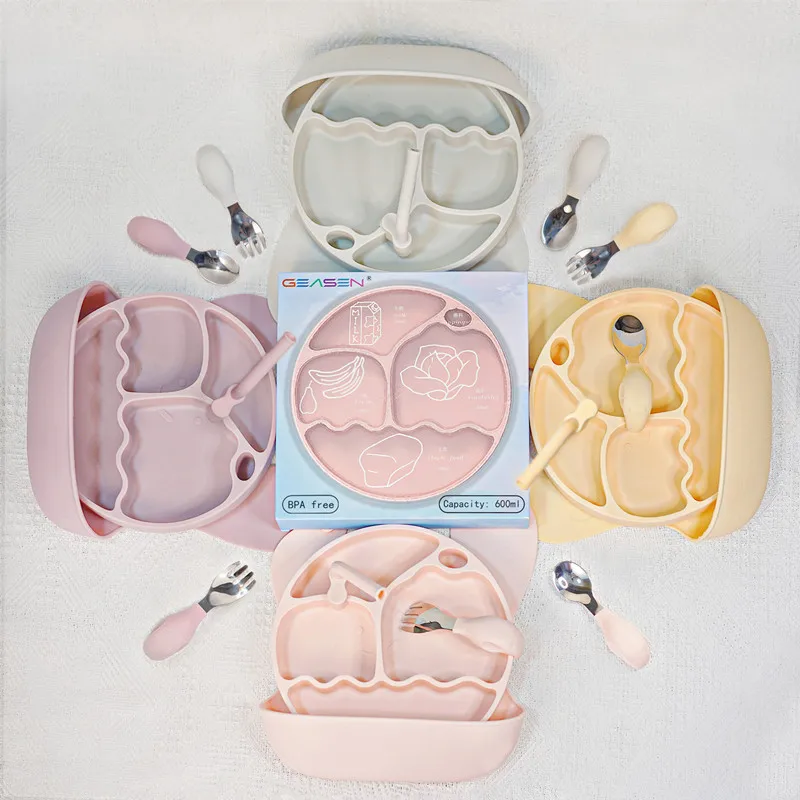 

Food Grade Silicone Baby Plate Set Infant Tableware with bibs Educational Non-slip Feeding Plate Baby Suction Plate, Pink/yellow/purple/grey/custom