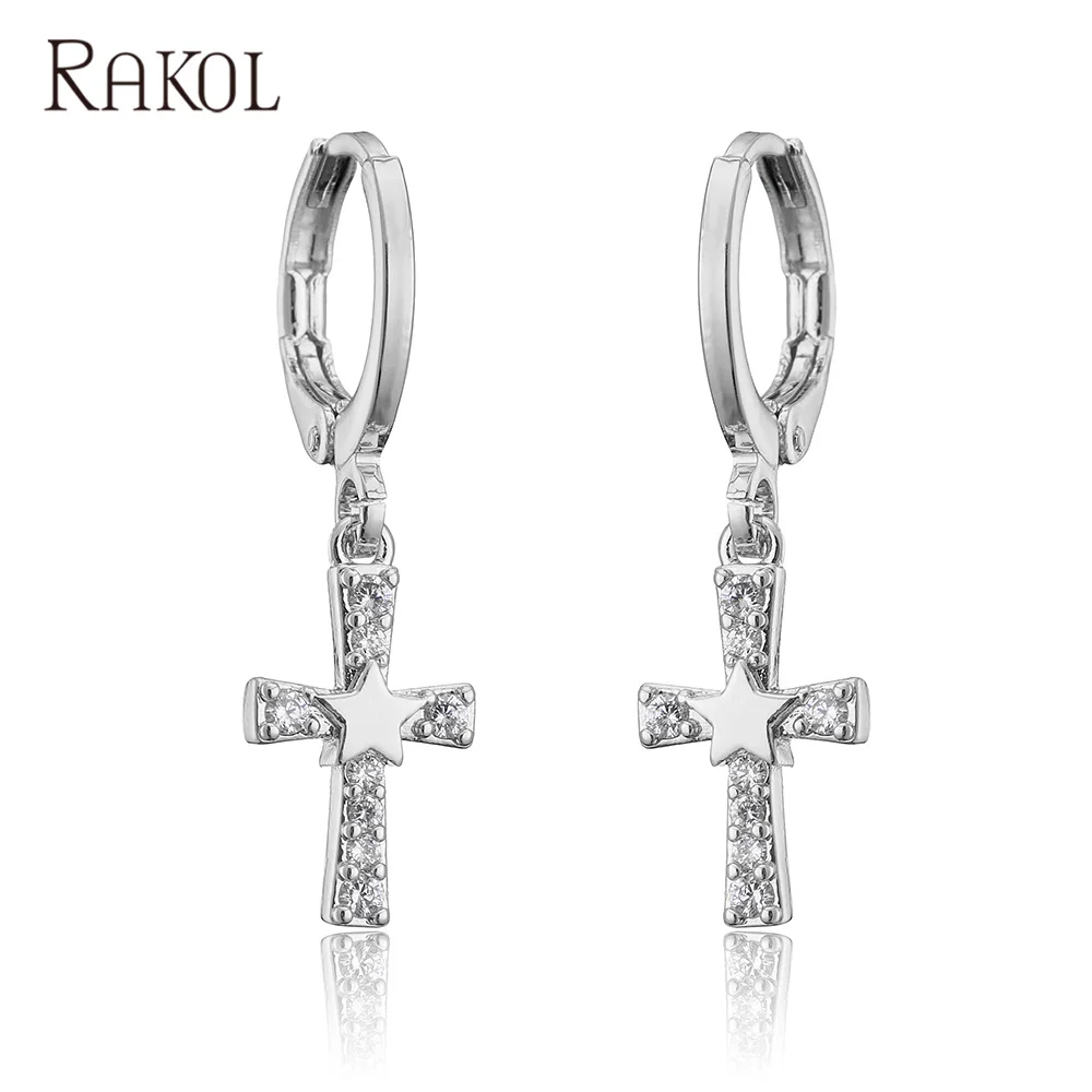 

RAKOL EP5198 Wholesale Luxury Customize Hoop Earrings Women Jewelry Diamond Zirconia 925 Sterling Silver Cross Pendant Earring, As picture