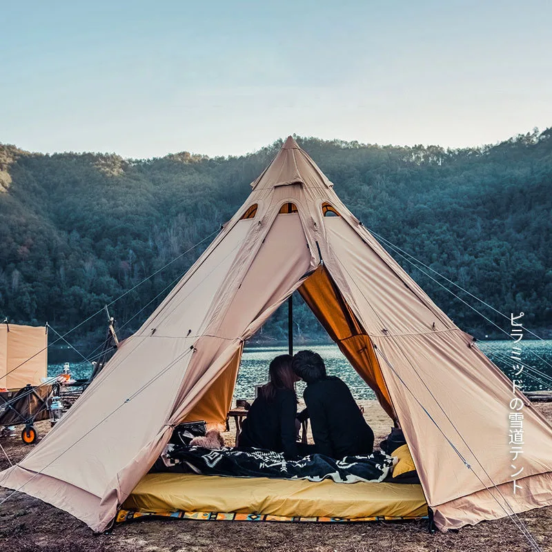 

Mongolian Yurt Camping Teepee 5-8Person Big Pyramid Backpacking Chimney Hole Shelter Cotton Rainproof Octagonal Tent