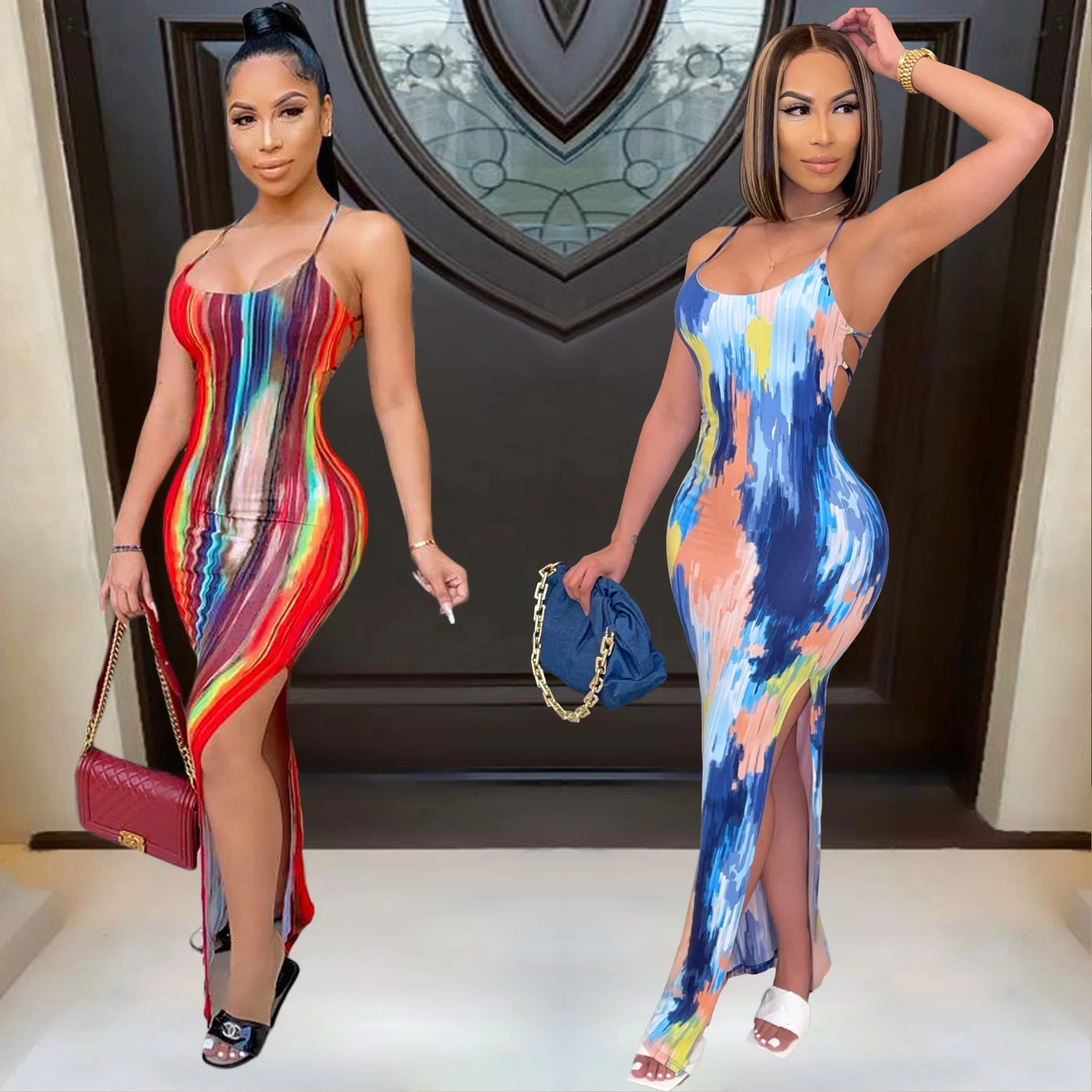 

2021 New Graffiti Bodycon Spaghetti Strap Backless Ladies Elegant Women Plus Size African Maxi Dress
