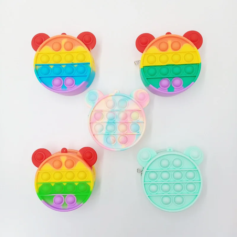 

2021 Cartoon Mini Kids Fidget Toy Coin purse bear pop it purse Cute round silicone kid purses and handbags for little girls, 15 colors