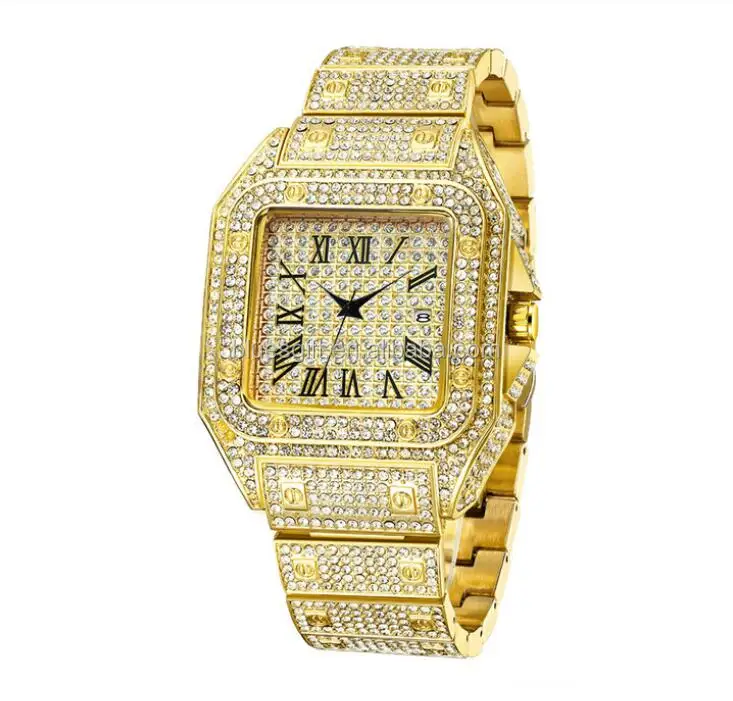 

Blues RTS Square dial Men Quartz yellow gold color full iced Diamond Wrist watch