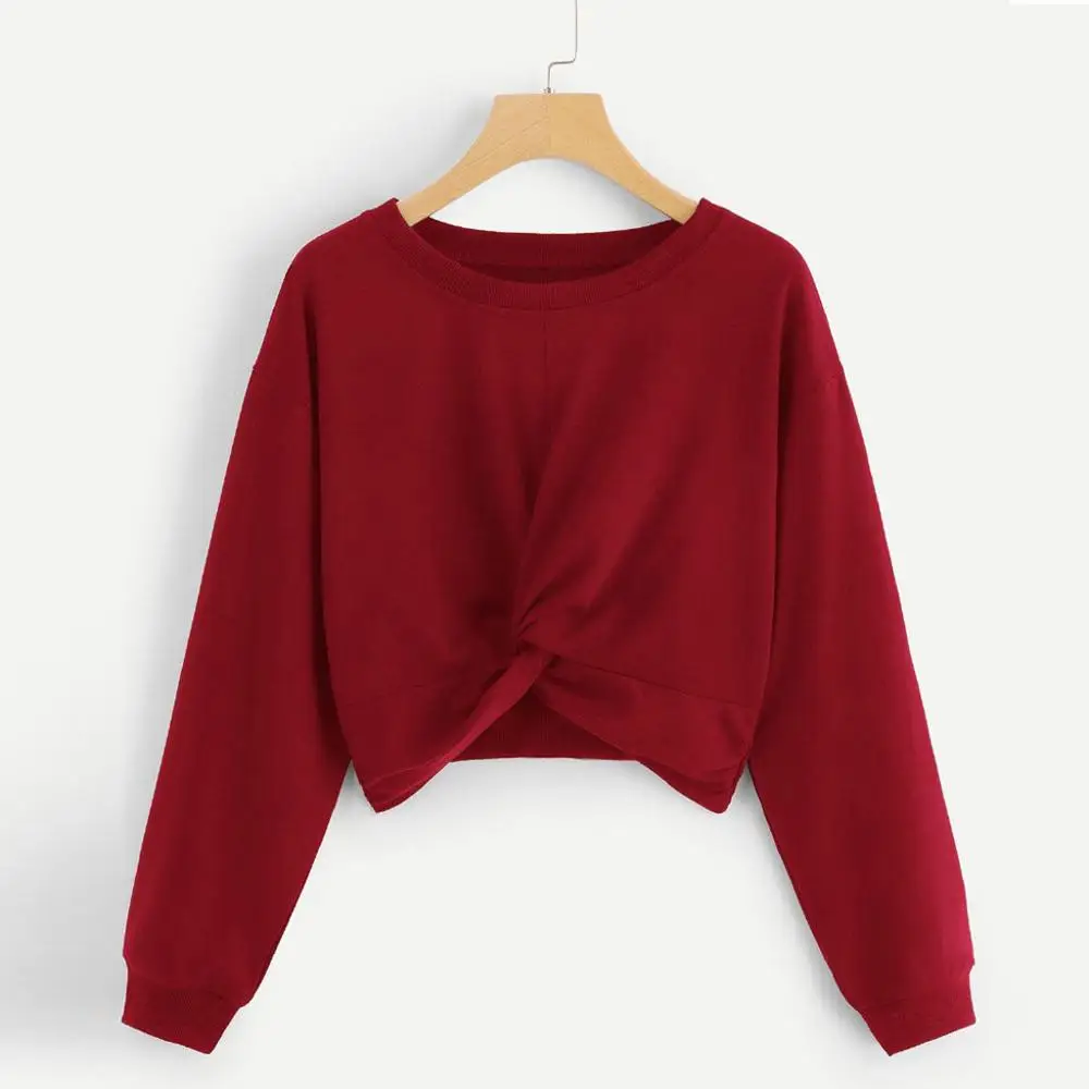 

Women Hoodies Round Collar Pure Color Hatless Long Sleeves Tops, Customized color