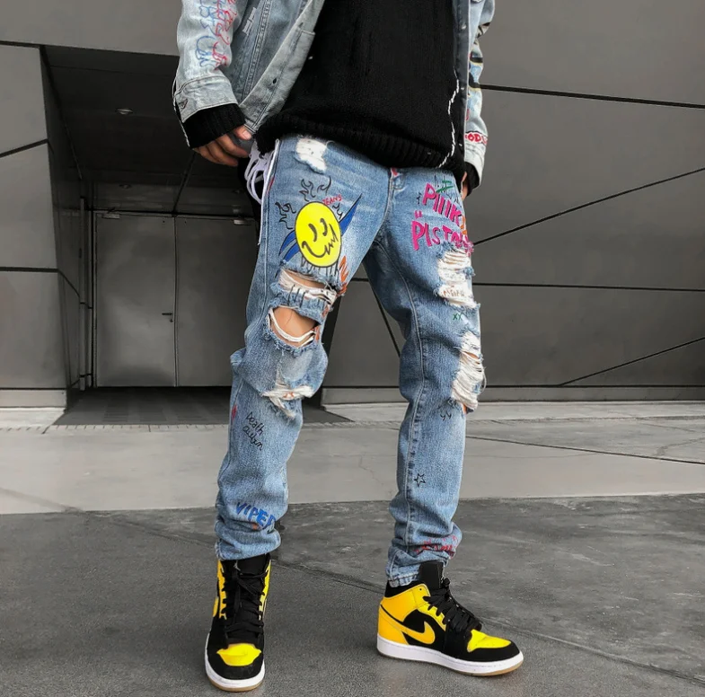 

Amazon hot selling Teen straight jeans male hip-hop graffiti print slim denim casual custom pants, Light blue,dark blue, gray color,customized color