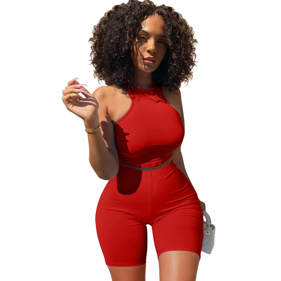 

Wangmu 2021 new arrival sexy lady two-piece sleeveless fashion casual high waist slim body jumpsuit female BK203