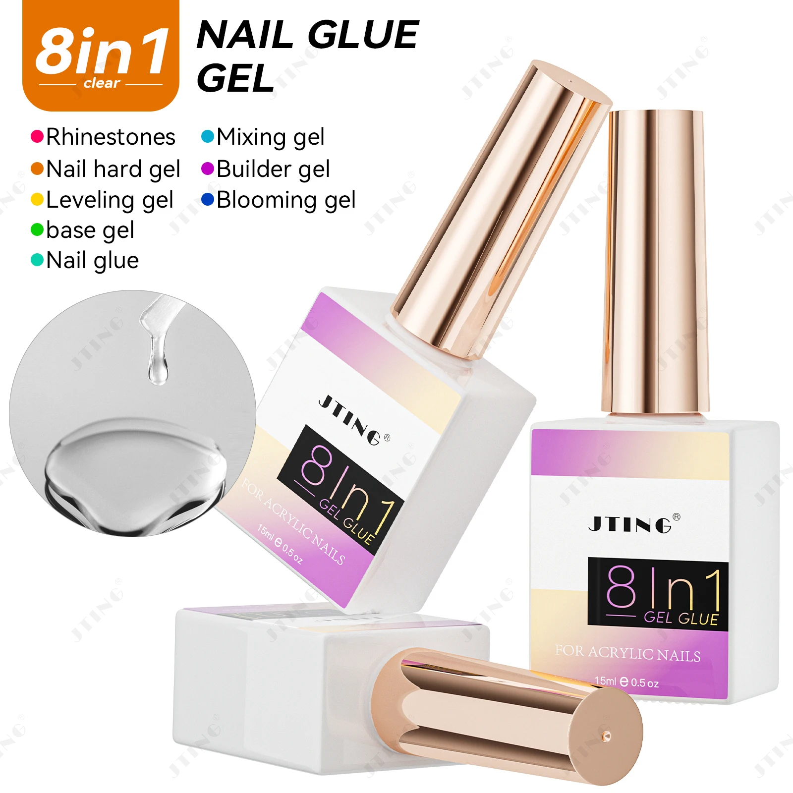 

JTING New arrival 8 IN 1 nail function glue gel for Rhinestone OEM ODM Nail hard Builder Base gel Mixing and Leveling