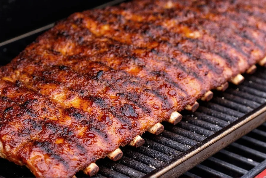 Half-cooked ribs in smoker
