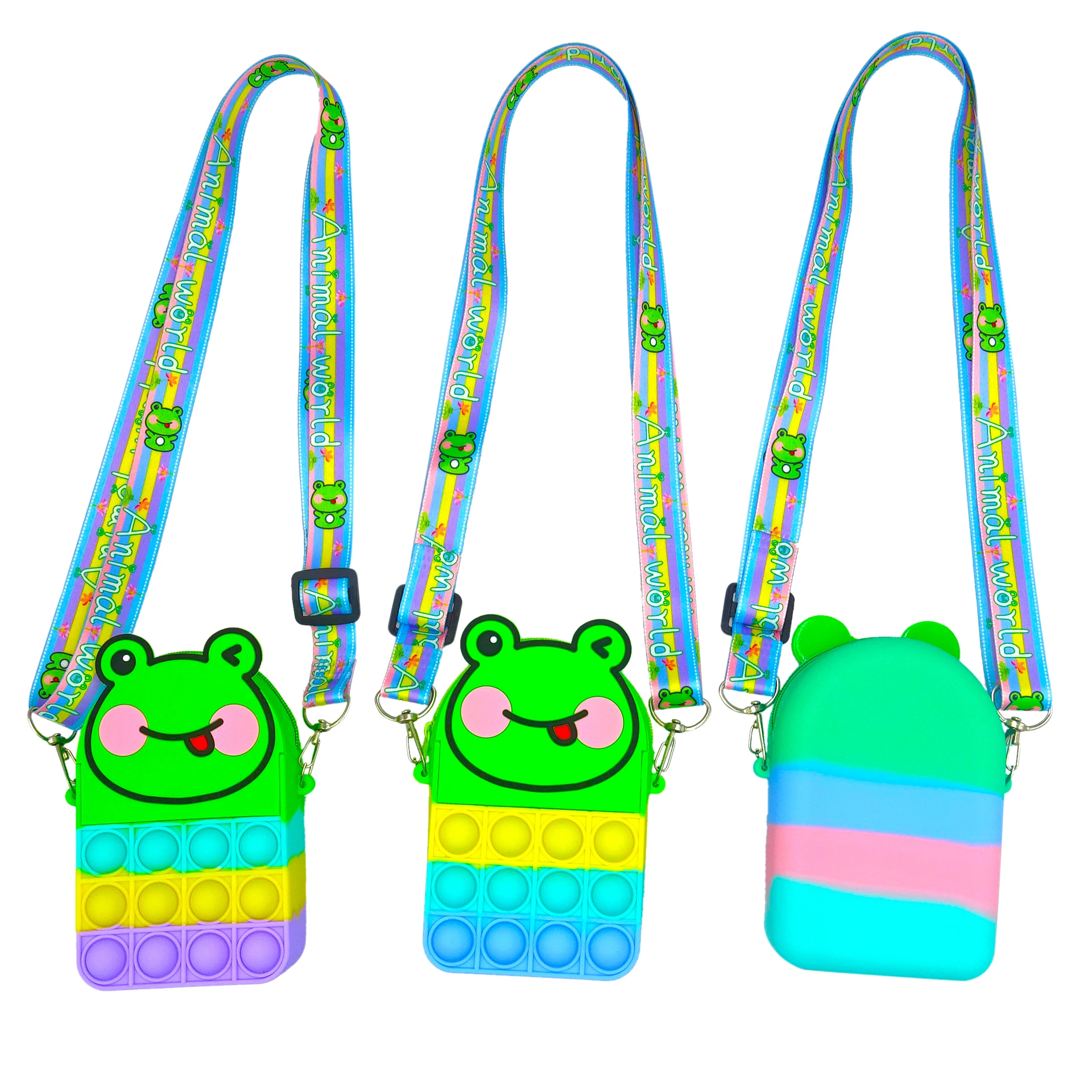 

2022 push bubble pop fidget bag Mini Frog rubber Zipper Coin Purse Rainbow cartoon storage silicone pouch shoulder bag, Multiple colors