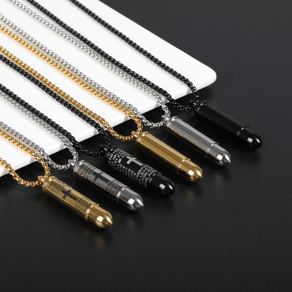 

Wholesale Men Custom Logo Cross Stainless Steel Bullet Pendant, Gold/silver/black color