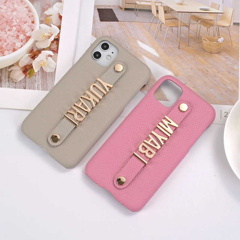 

Holding Strap Metal Personalization Your Name Pebble Grain Leather Genuine For iPhone 12 13 Pro Max X XS XR Max 7 8 7Plus 8Plus, Mix colors