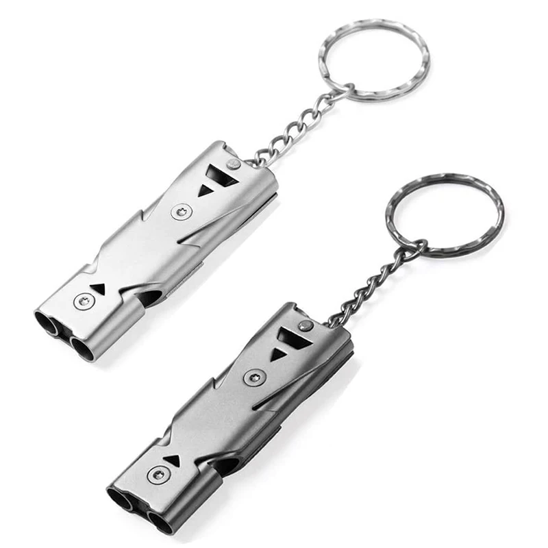 

FLQ Outdoor Double Tubes Emergency Survival Whistle Key Chain High Decibel Life Saving Stainless Steel Whistle, Silver, black