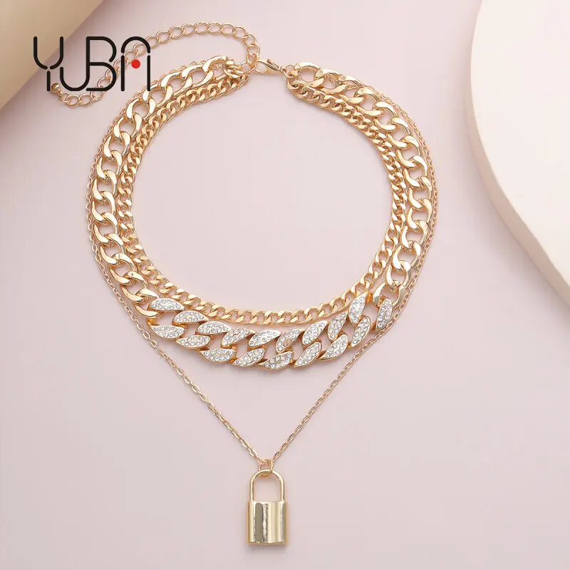 

JJ115 Vintage Lover Lock Pendant Choker Necklace Punk layers Chain Cuban Chunky Chain Tassel Necklace Women men Jewelry set