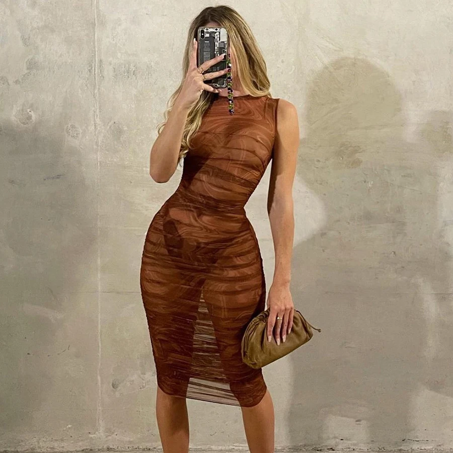 

Nibber K21D03636 Summer Hot Selling Thin Mesh Fabric See Through Sexy Clubwear Night Party Lady Dress Women Midi Sheer Dresses, Brown