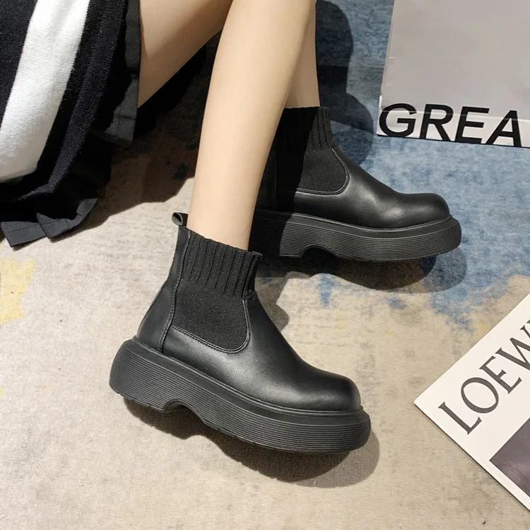 

Popular Winter Shoes For Women Black Female Boot Round Toe Slip-On Chunky Ankle Boots