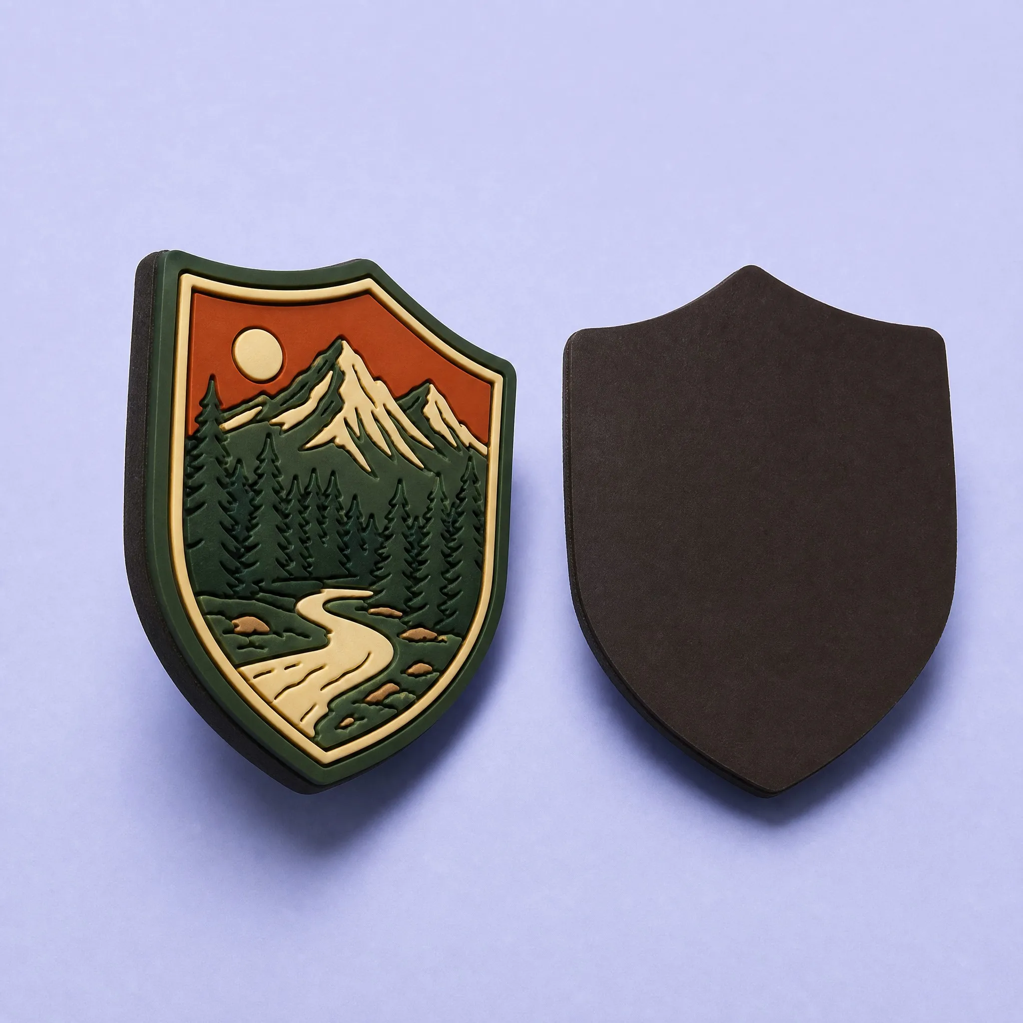 Front and Back View of Mountain River Shield Magnet with Full Rubber Magnet Backing