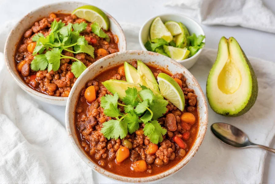 Quick vegetarian chili served in bowls with avocado, cilantro, and lime wedges