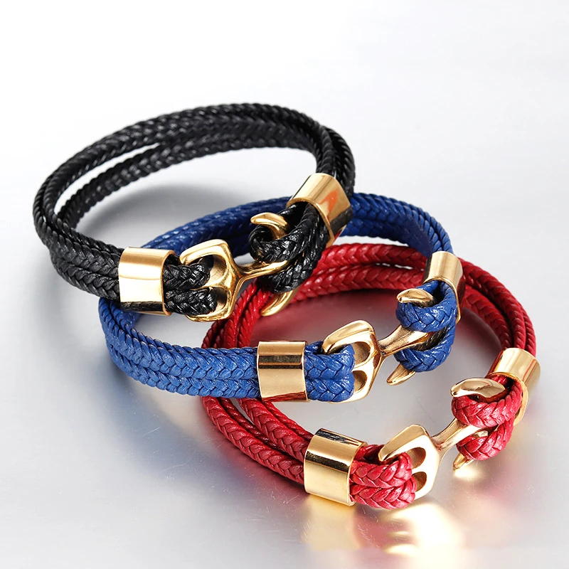 

Fashion Vintage Black Blue Red Anchor Leather Bracelet With Gold Stainless Steel Clasp For Men Jewellery Bracelets
