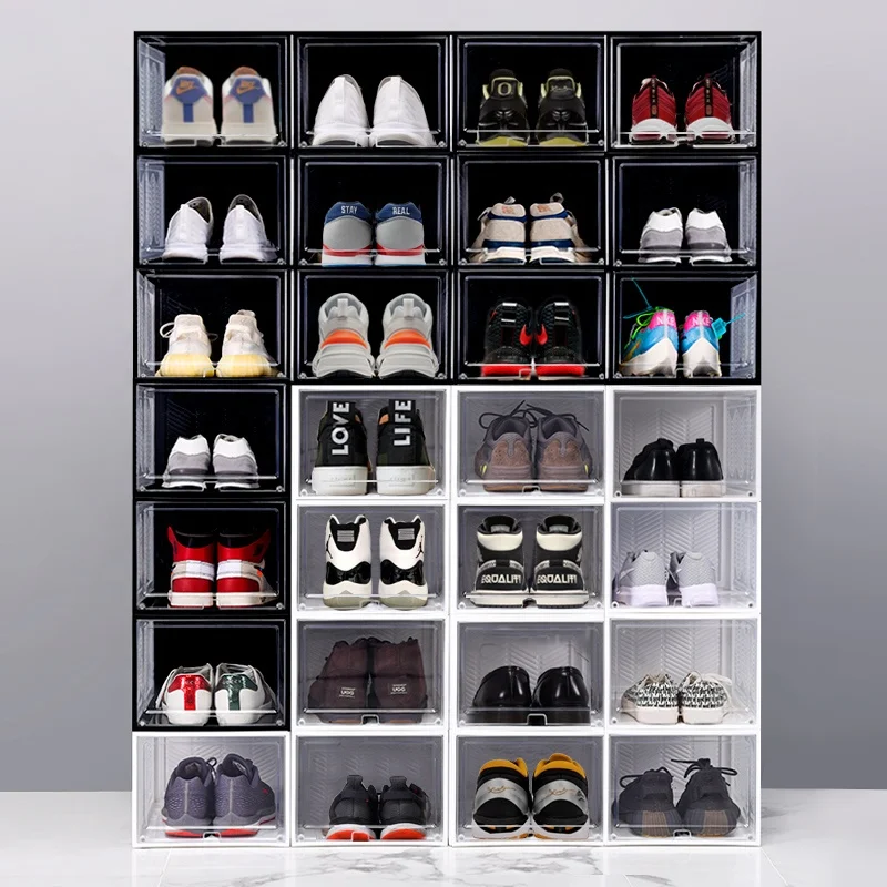 

Amazon Hot Selling drop front shoe box drawer acrylic magnetic shoe box custom Logo OEM sneaker box stackable, White