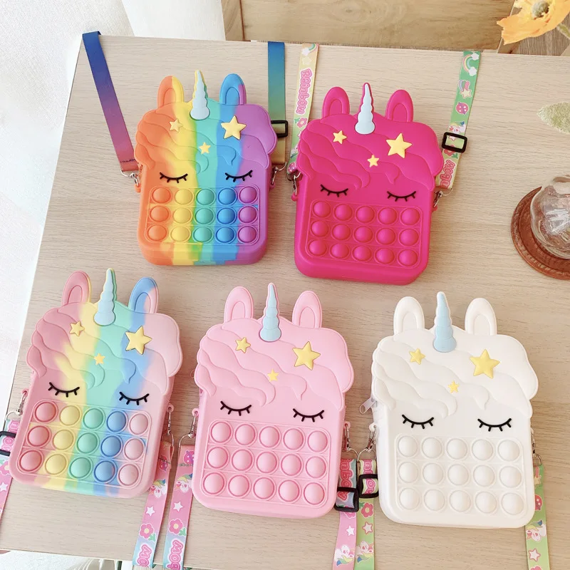 

2021 Hot Sale Design Cartoon Mini kid purses and handbags little girls fidget toy purse silicone unicorn coin purse, Picture