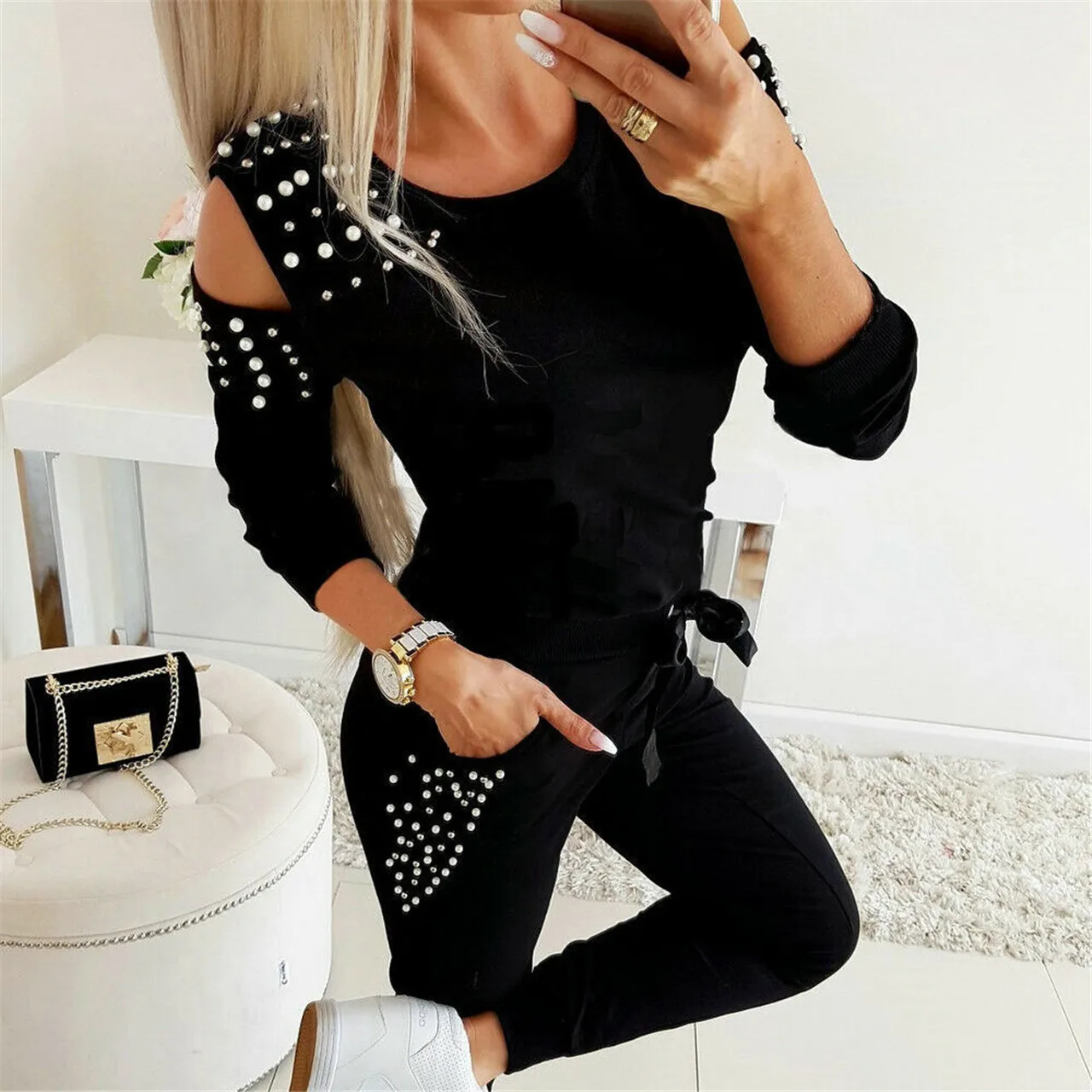 

Fashion women's shiny blue ladies two piece winter suits Tight ladies jogger suit, Picture