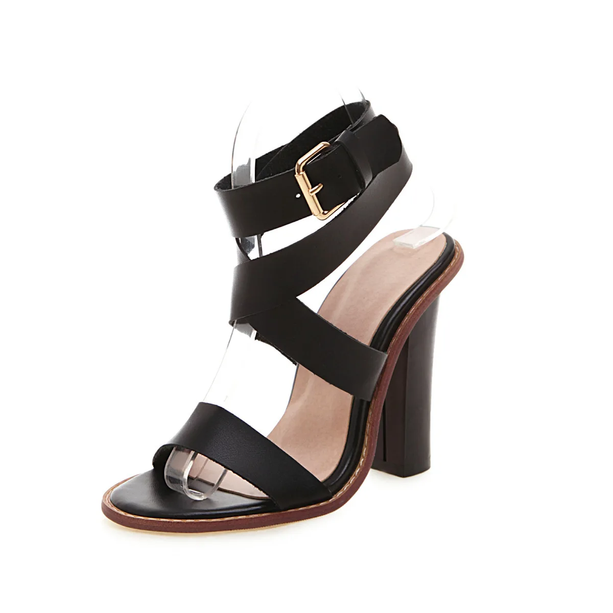 

Ladies Summer Block Heel Sandals Solid Color Open Toe Cross Strap Ankle Belt Buckle Women Street Party Office Pumps Sandals