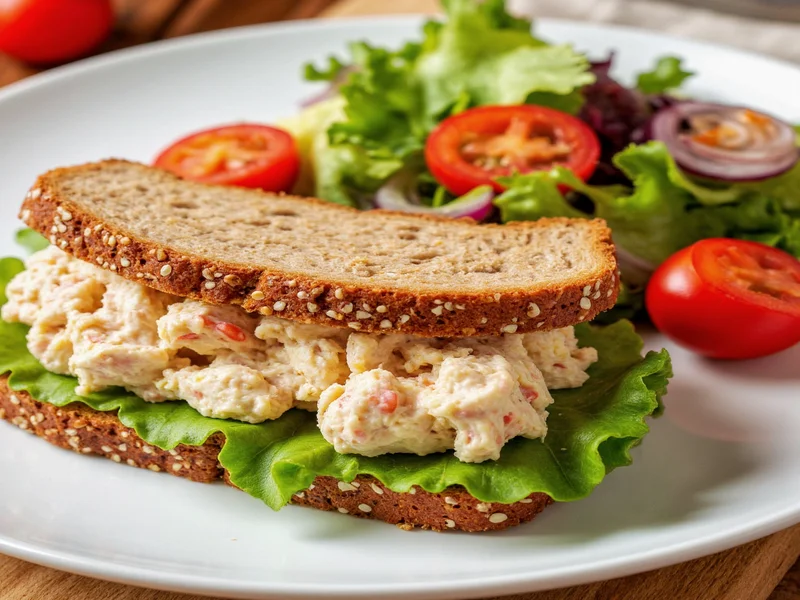 Tuna salad sandwich on whole grain bread with side salad