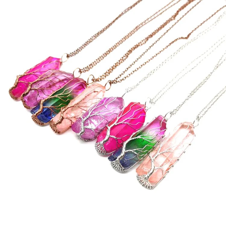 

Handmade Irregular Stone Collar Bijoux Tree of Life Copper Wire Wrapped Natural Healing Crystal Chakra Gemstone Pendant Necklace, Multicolor