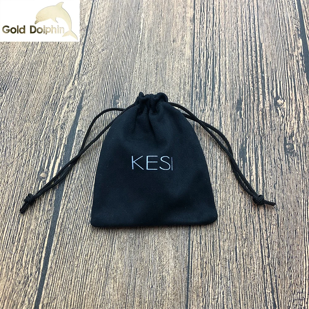 Small Black Faux Suede Drawstring Jewelry Pouch With Custom Silkscreen