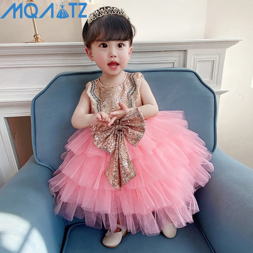 

MQATZ Sleeveless Newborn Baby Clothes Lovely sequins dress Baby Girl First Birthday Baptism Party Dress, Pink, green,blue,champange,peach