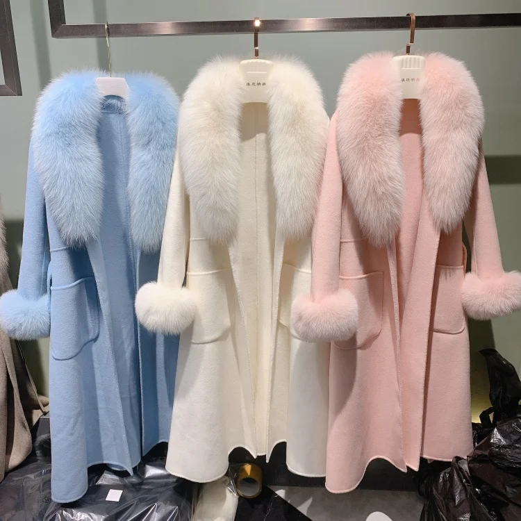 

2020 cashmere woolen overcoat elegant lady long woolen coat wither real fox fur collar pink women trench coat with belt, As photo or customized