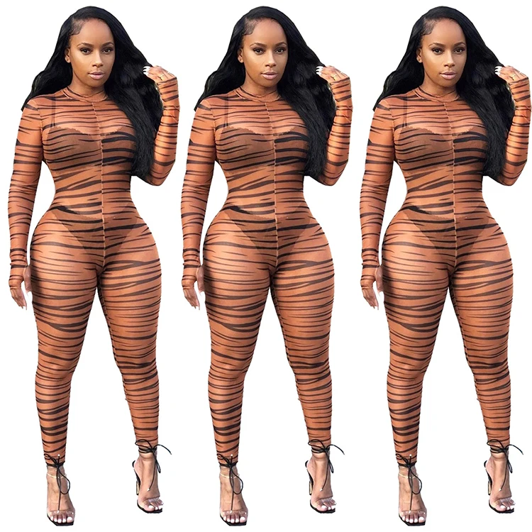 

Club Wear Fashion Animal Print Female Bodycon Long Sleeve Sexy Women One Piece Jumpsuits, Brown