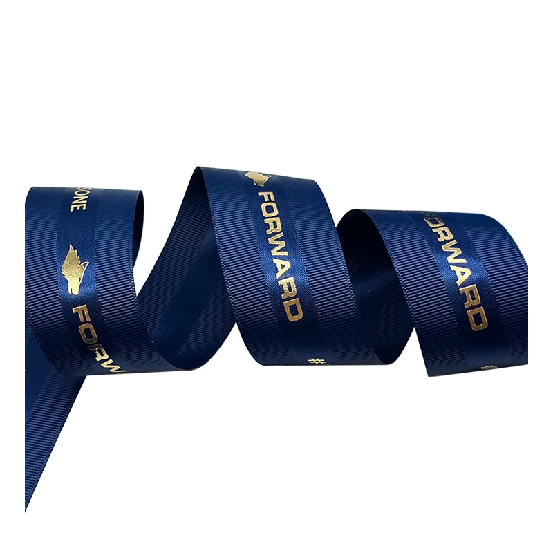 

Factory custom eco friendly 3d gold foil printed black silk gross grain grosgrain ribbon gift ribbon with embossed logo brand