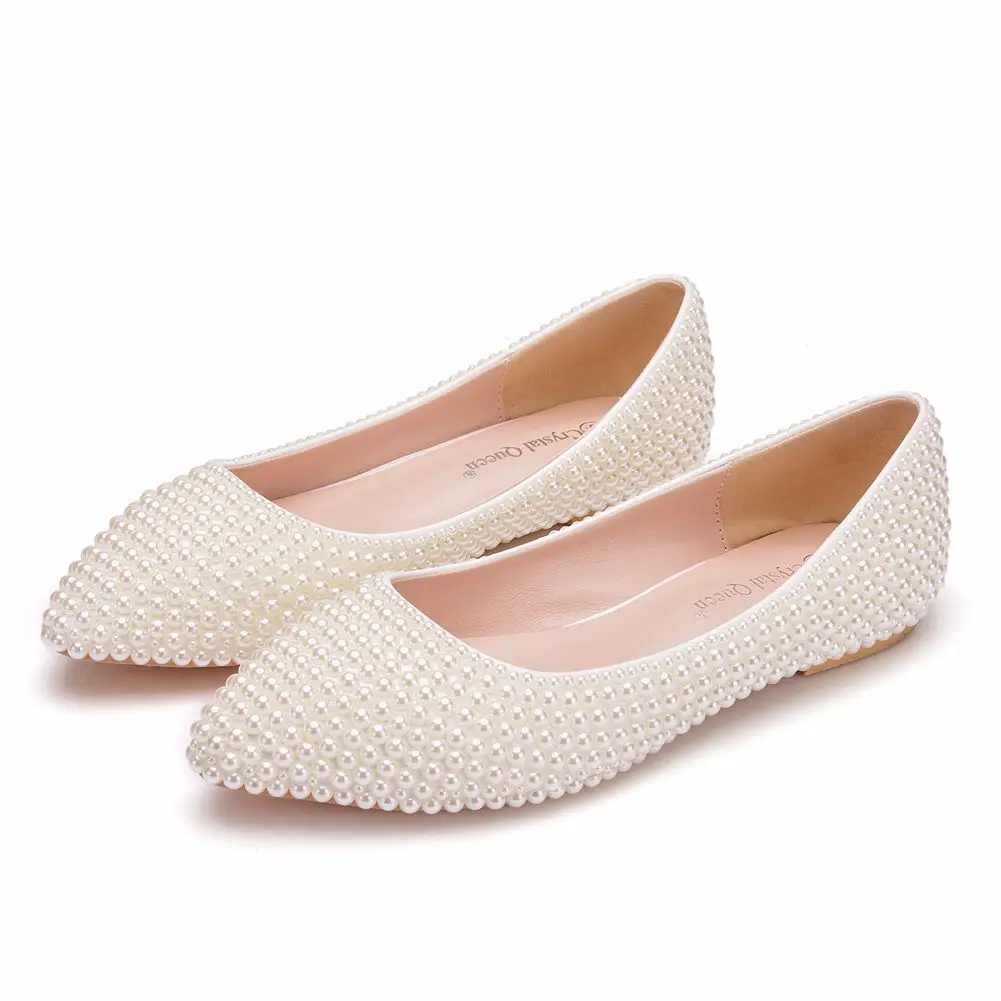 

Women Shoes New Handmade Lady Pearl White Wedding Shoes Flat Fashion Sexy Comfortable Bridal Dress Shoes, Beige