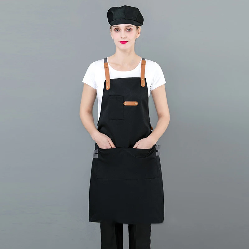 

Hook Style Leather shoulder Strap Canvas Cotton Chef Cooking Kitchen Apron Coffee Shop Restaurant Denim Work Apron, Multi color