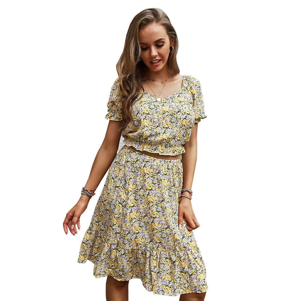 

In Stock 2021 Summer Women Short Sleeve Floral Printed A Line Hollow Out Casual Midi Dress