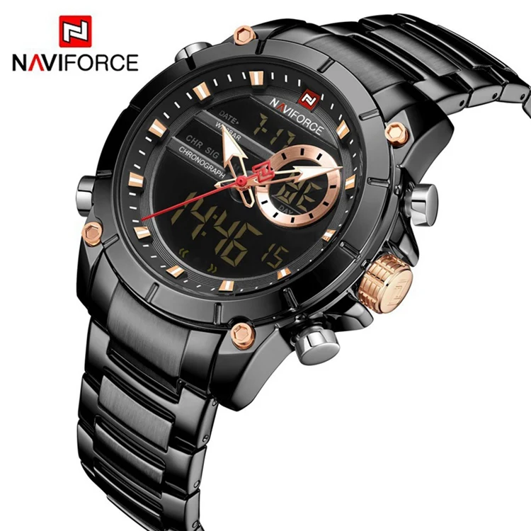 

NAVIFORCE NF9163 Men High Quality Quartz Digital Online Hand Watches Chronograph Calendar Stainless Steel Watch Bands For Men, As picture
