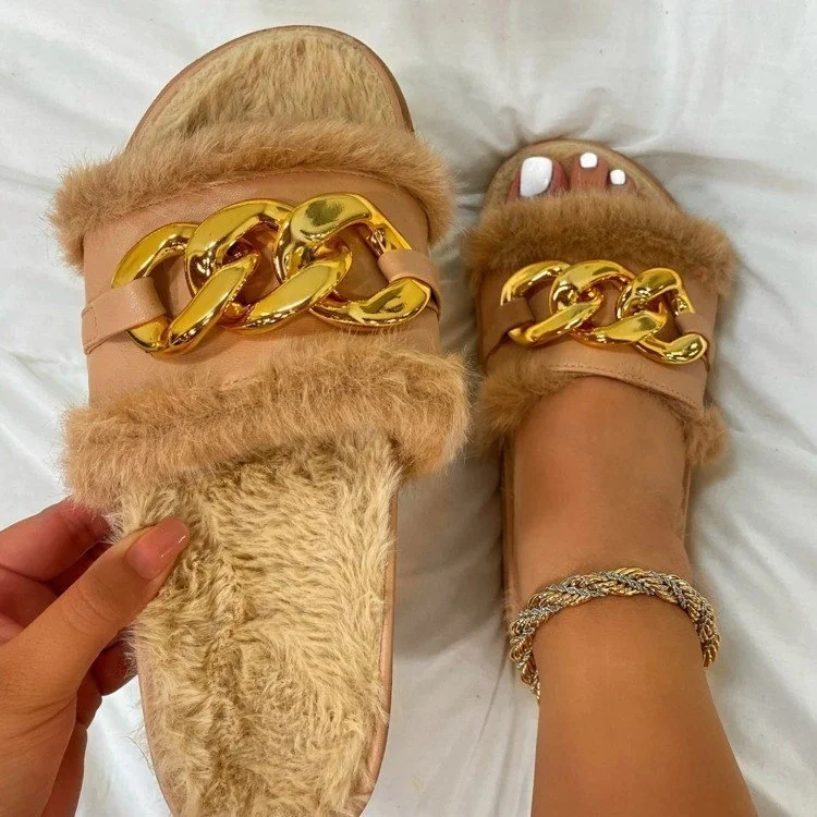 

New Fashion Platform Heels Sandals Home Cotton Mop Fur Round-toe Flip Flops Furry Slippers Metal Chain Platform Sandals Women