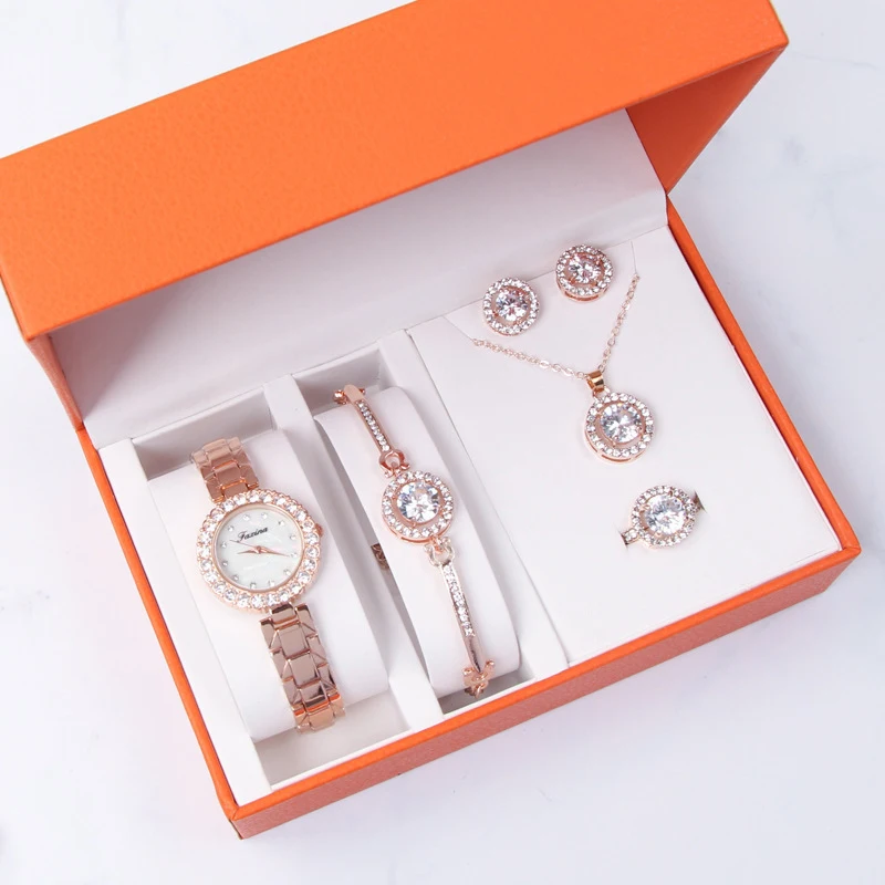 

Fashion Luxury Necklace Rings Bracelets Stud Earring Set Watch Set Women 5pcs Woman Quartz Wristwatch With Box, Rose gold/silver
