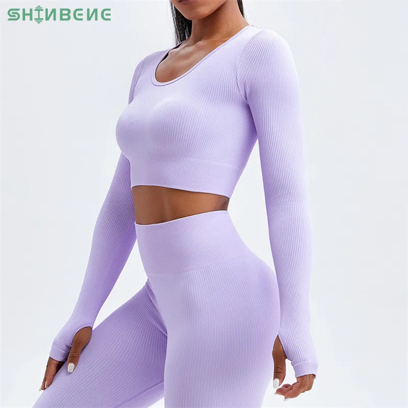

SHINBENE Custom Logo Ladies Seamless Sports Suit Workout Clothes 2 Piece Rib Knit Long Sleeve Yoga Set