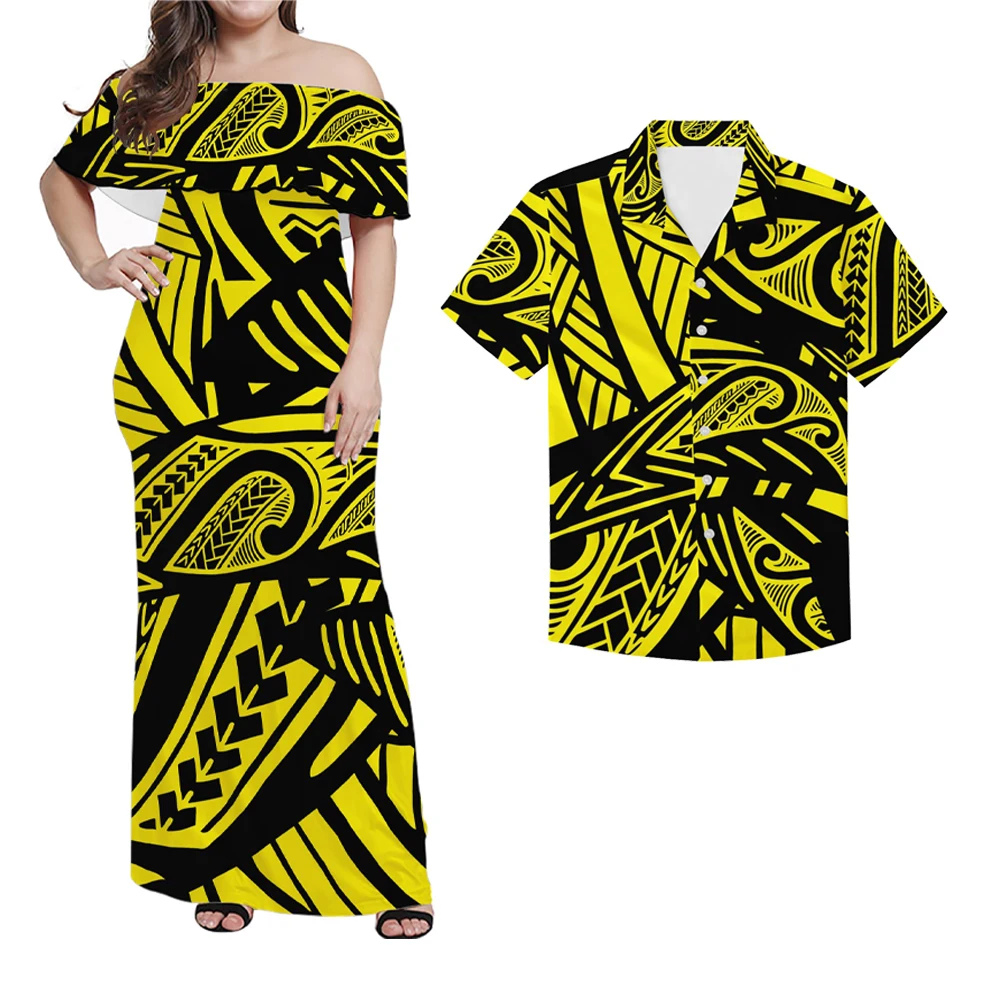 

Yellow Orange Polynesian Hawaiian Tribal Design Printed Women Ruffle Off Shoulder Dress Match Men Shirts Fashion Couple Clothing, Customized color