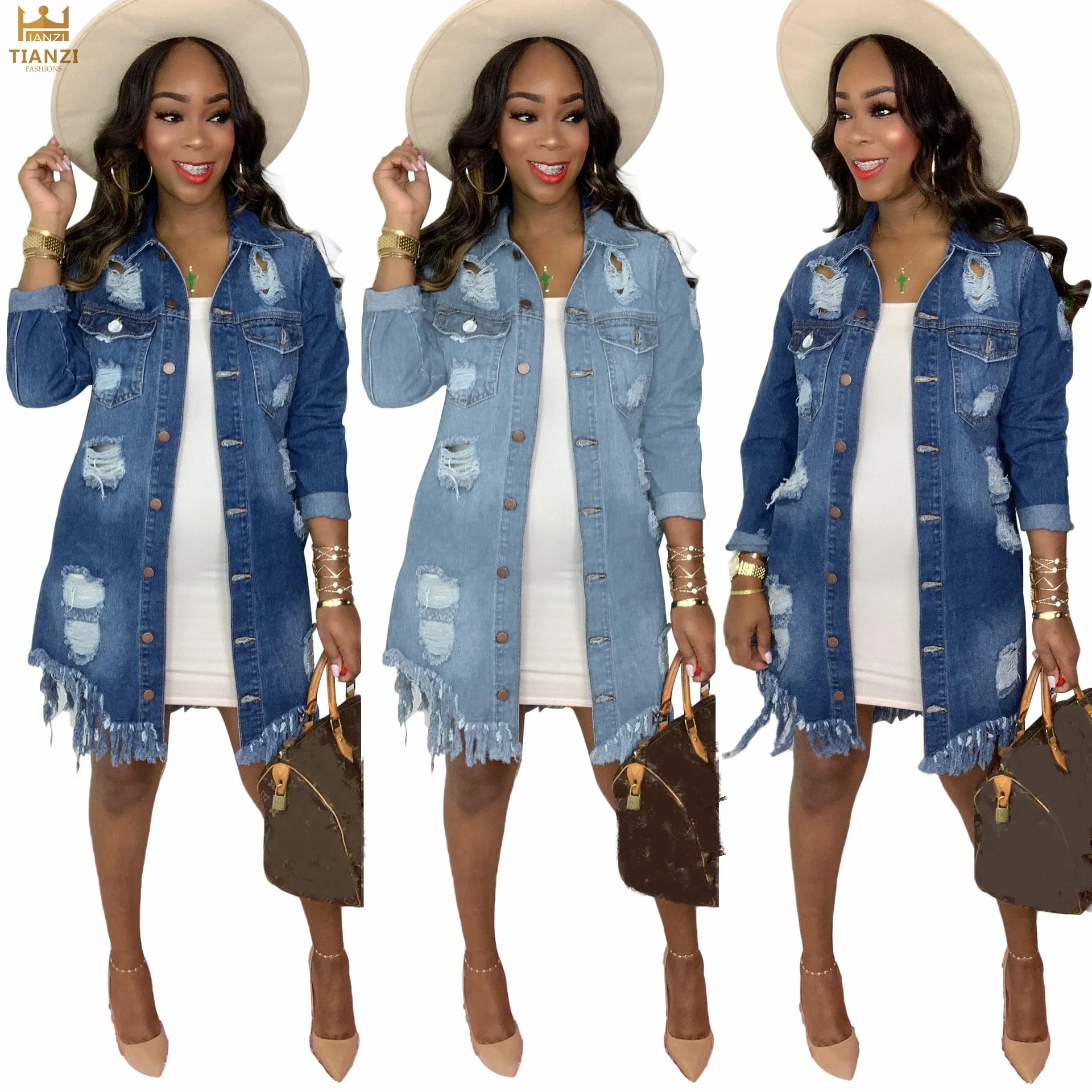 

S61044 fashion ripped fringe jean denim women jackets and coats 2021