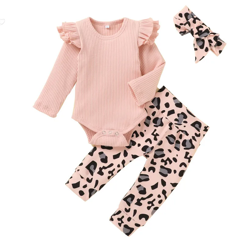 

Manufacturer Fashion Cute Ribbed Cotton Leopard Print Kids Clothing Sets Baby Girl Clothes Bow 3pcs, As picture showing