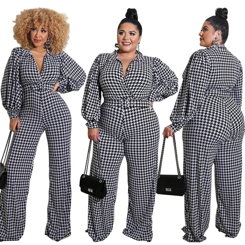 

10510-MX90 houndstooth printed long sleeve OL jumpsuit women sehe fashion